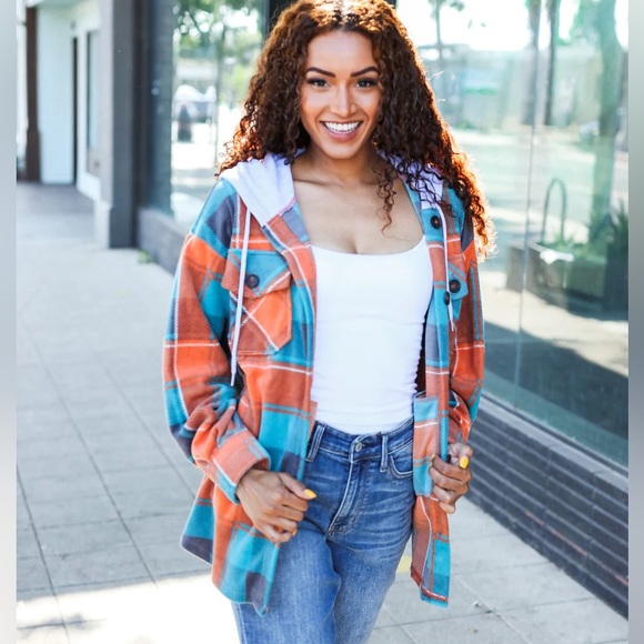 Teal Blue, & Orange Plaid Button Down Hooded Flannel, Medium Shacket, USA Made - Picture 10 of 14